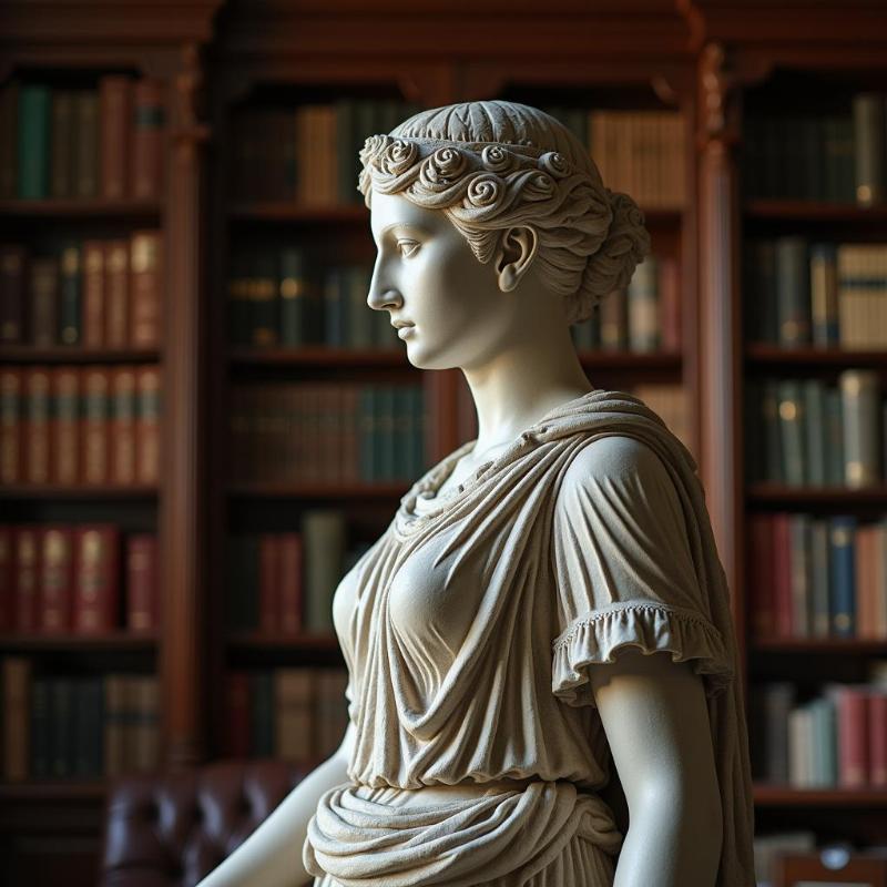 Tượng nữ thần Athena đá trong không gian nội thất sang trọng, tượng trưng cho sự thông thái